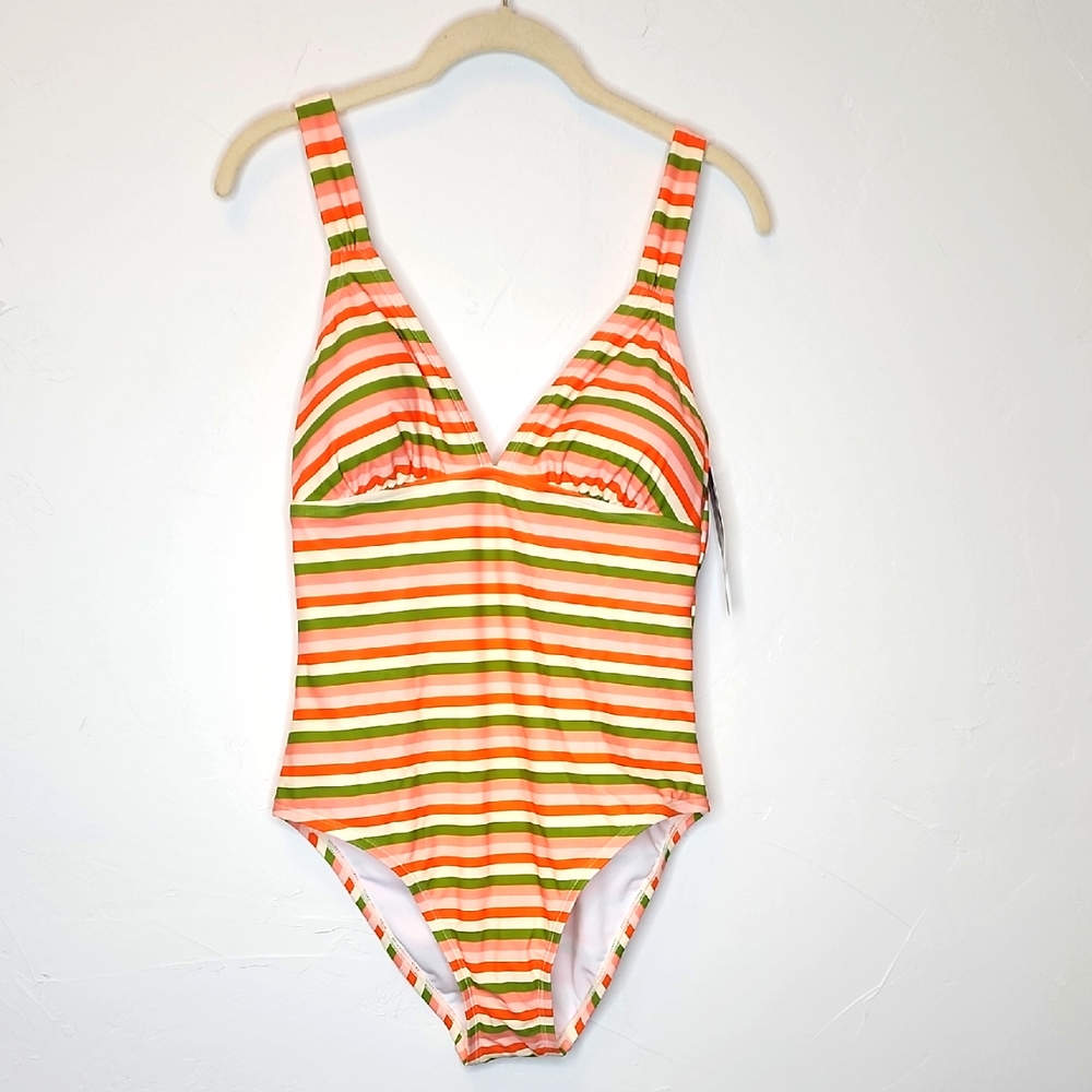 SZ M Nwt  V neck striped one piece bathing suit.      C9